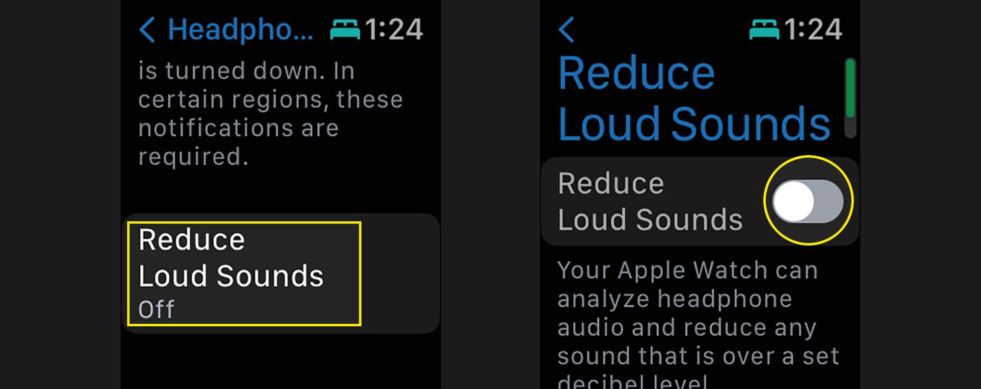 Het menu Harde geluiden verminderen en overschakelen naar Apple Watch-instellingen
