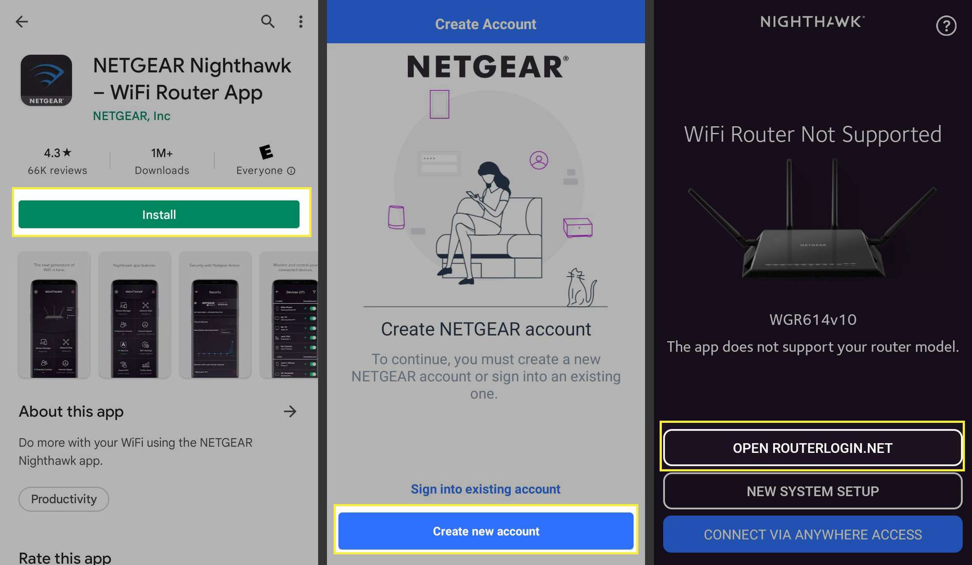 Installeren, een nieuw account maken en RouterLogin.net openen gemarkeerd in de Netgear Nighthawk Wi-Fi Router-app