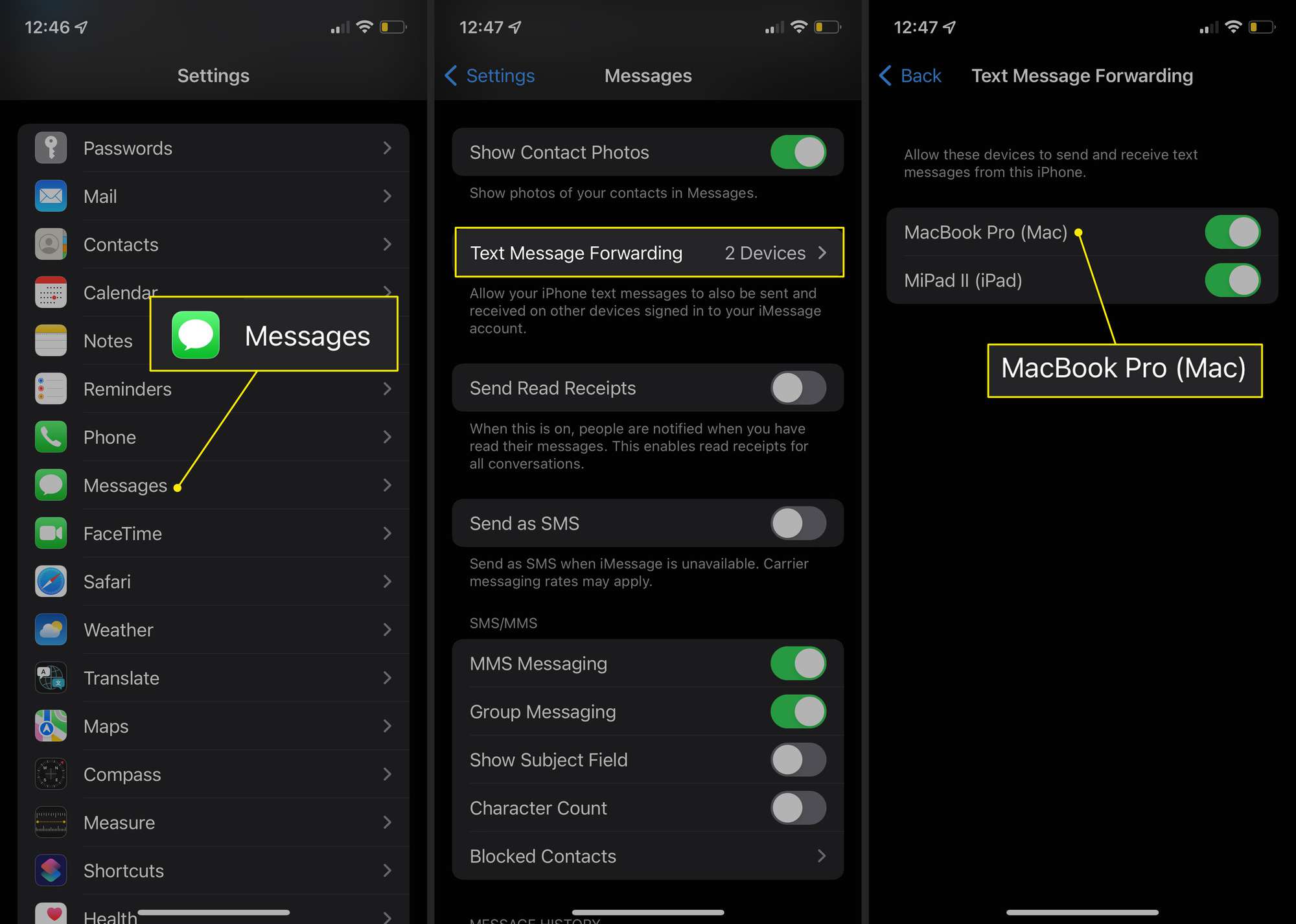 De berichten, het doorsturen van sms-berichten en een Mac in de app Instellingen voor iOS