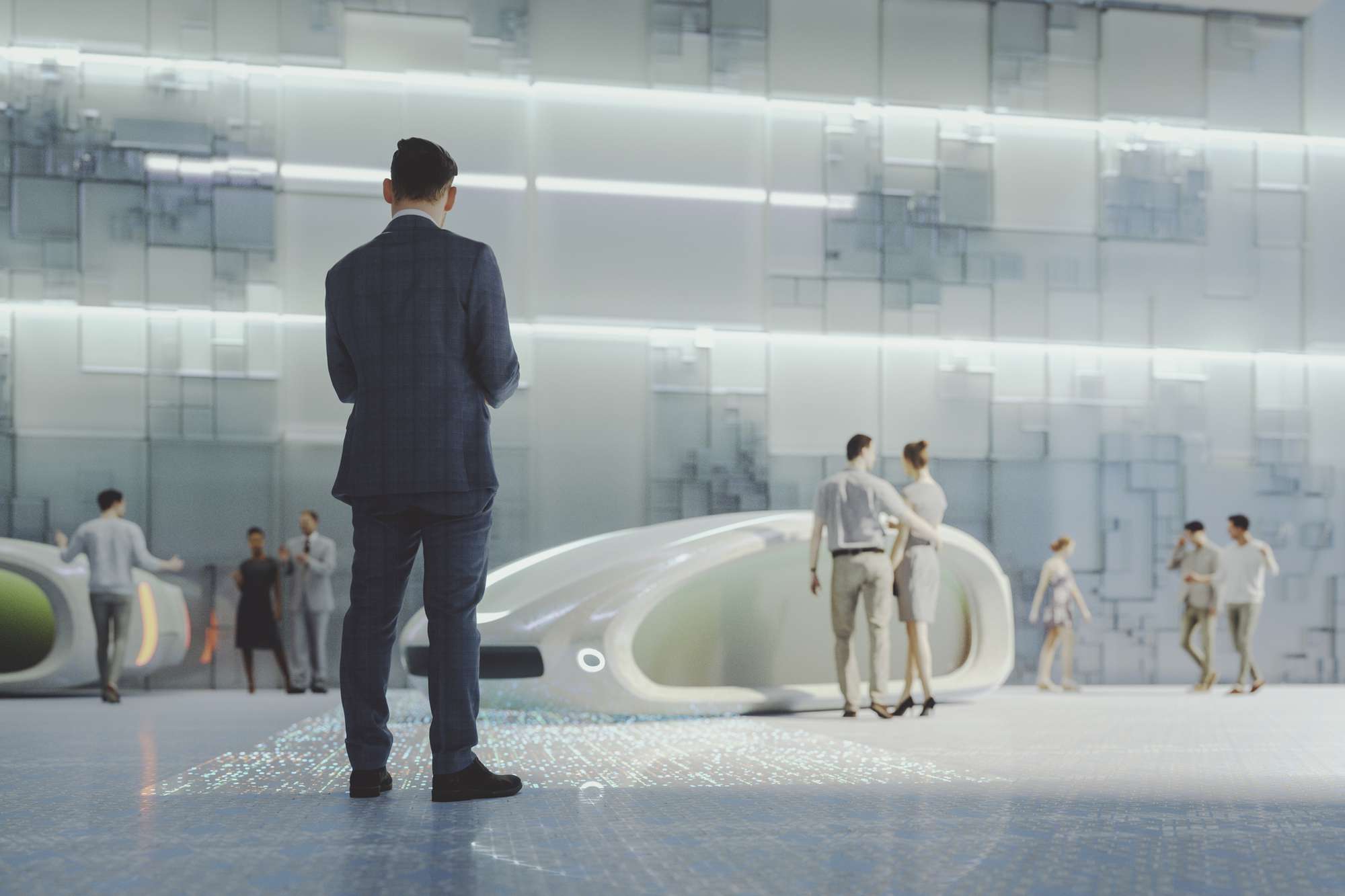 Een concept van een futuristische straat met rondlopende mensen en elektrische voertuigen voor transport.