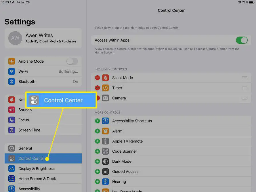 Het Control Center gemarkeerd op iPad.