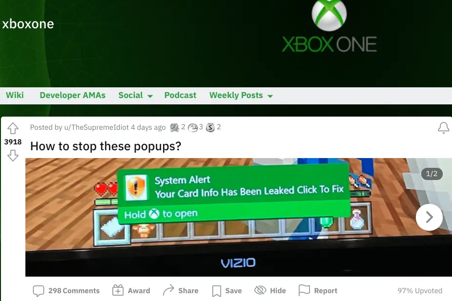 Een screenshot van een spammelding op de Xbox One.