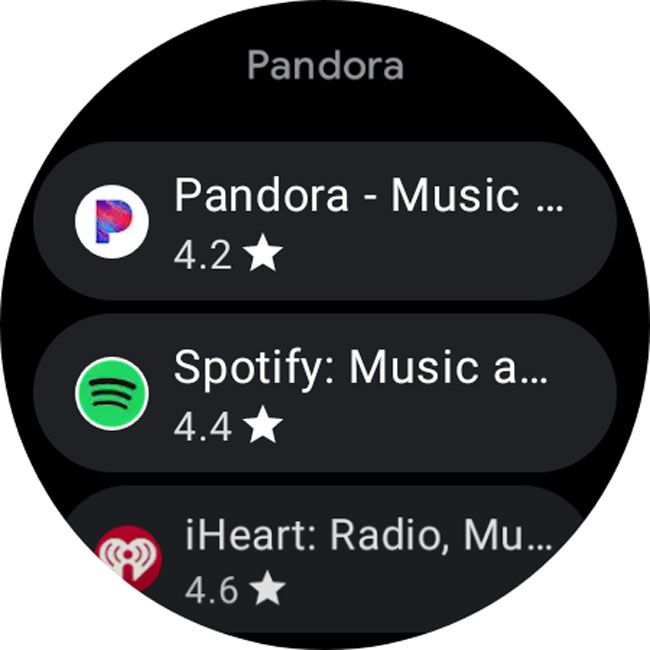 Pandora gemarkeerd in de zoekresultaten van Galaxy Watch Play Store.