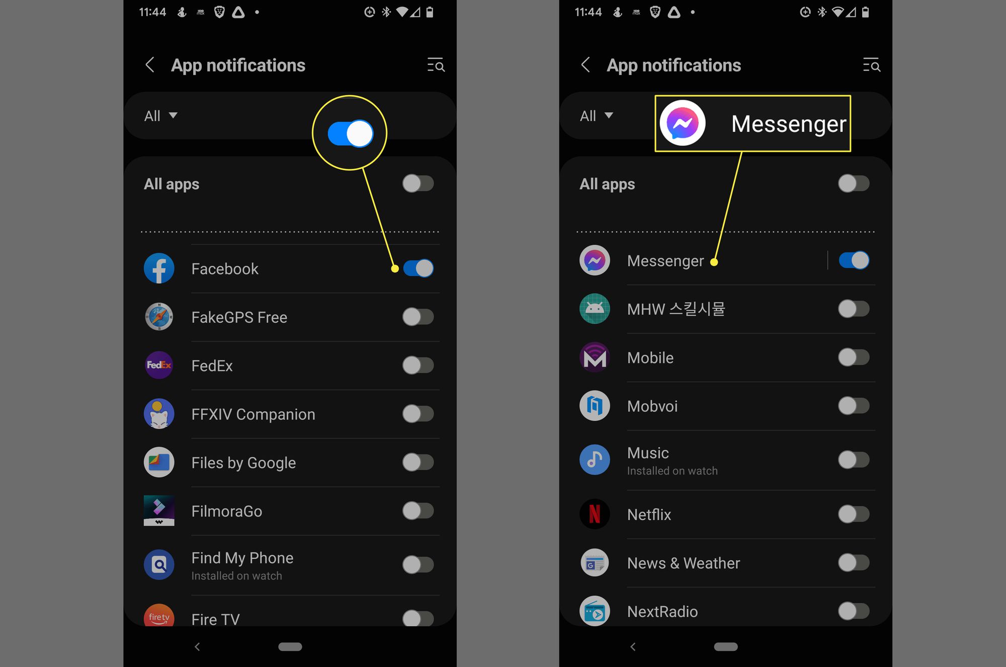 Schakelen tussen Facebook en Messenger in de Galaxy Wearable-app