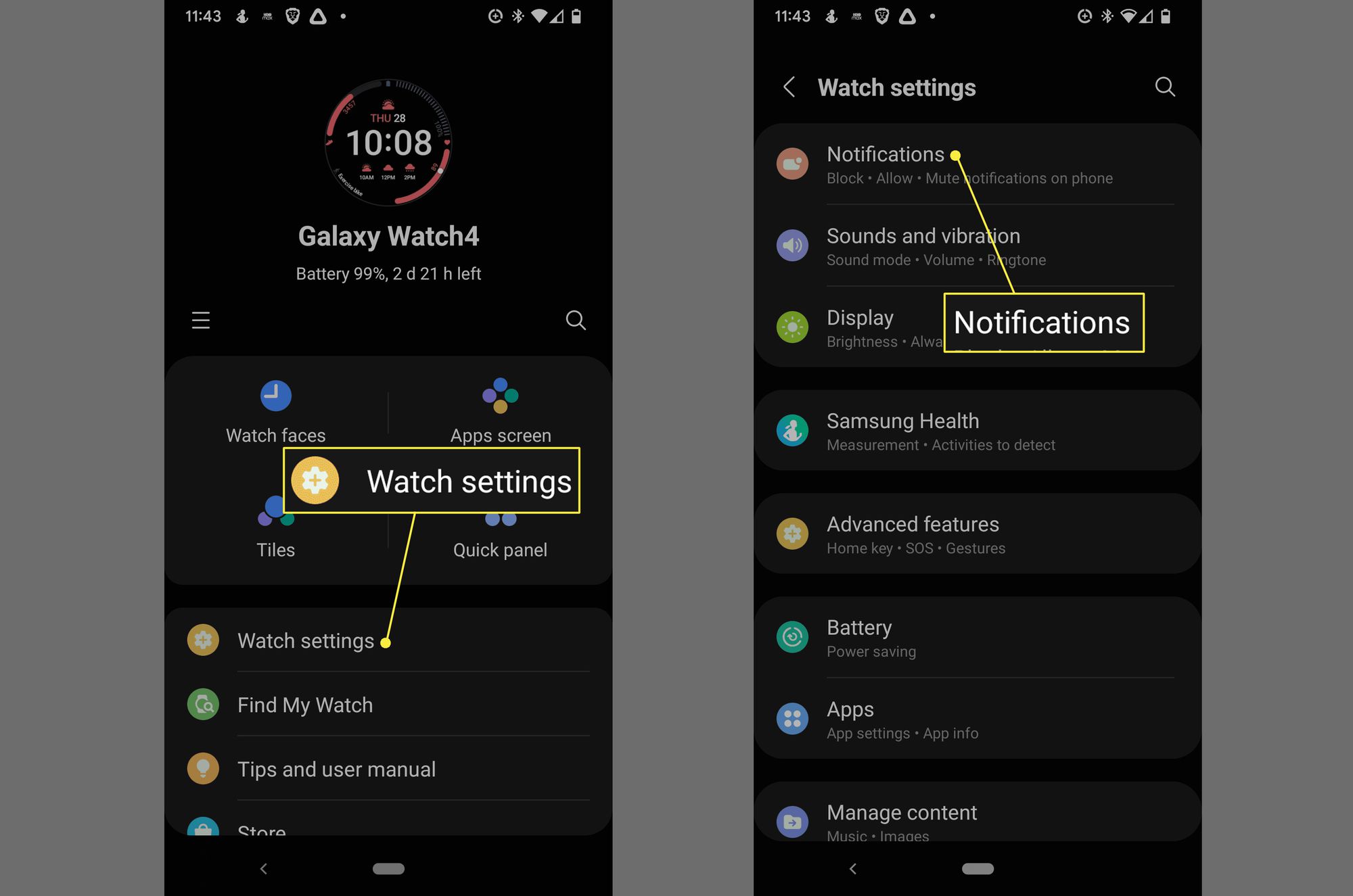 Bekijk instellingen en meldingen in de Galaxy Wearable-app