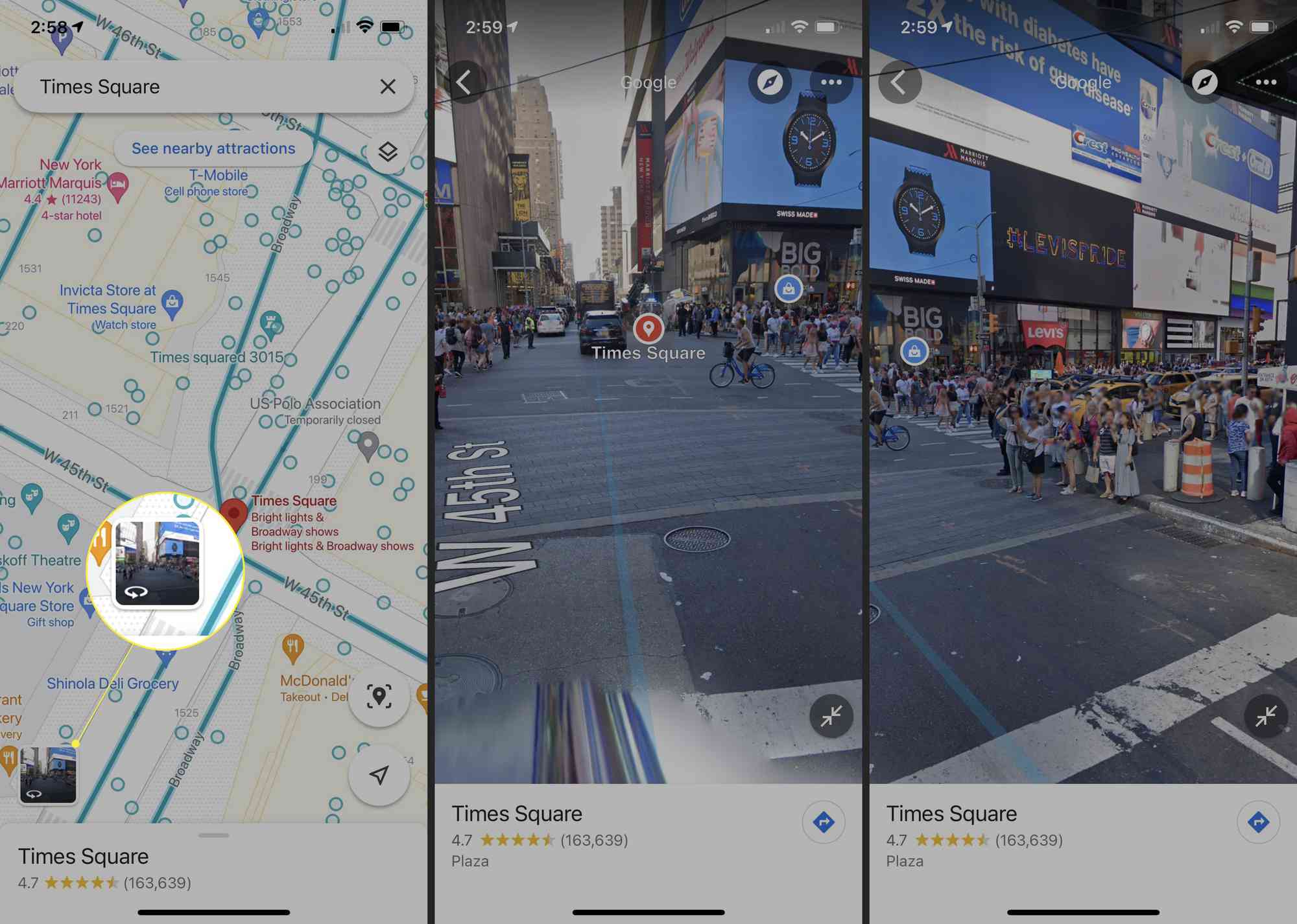 Google Maps met het Street View-pictogram gemarkeerd en Street View van New York weergegeven