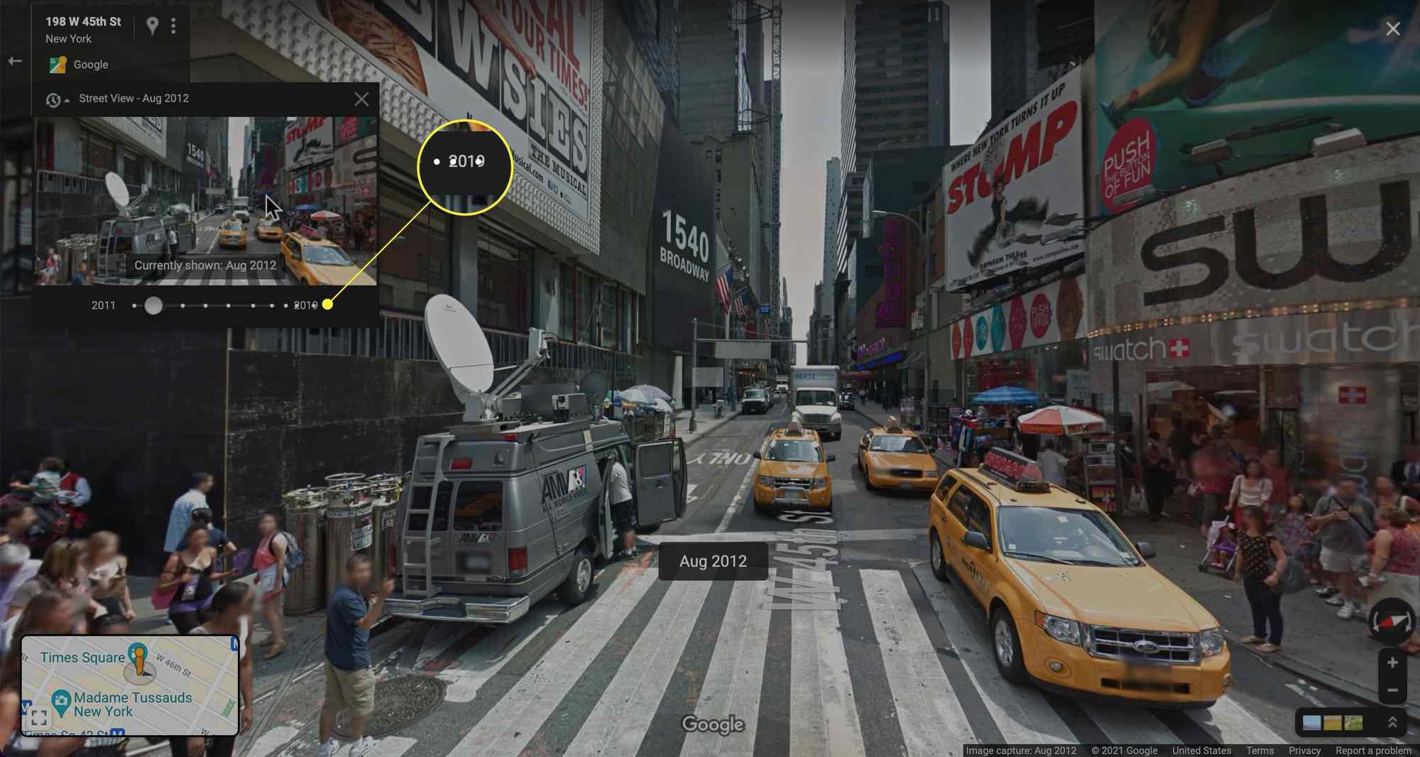 Google Maps Street View oudere foto weergegeven met uiterst rechts van de schuifregelaar gemarkeerd