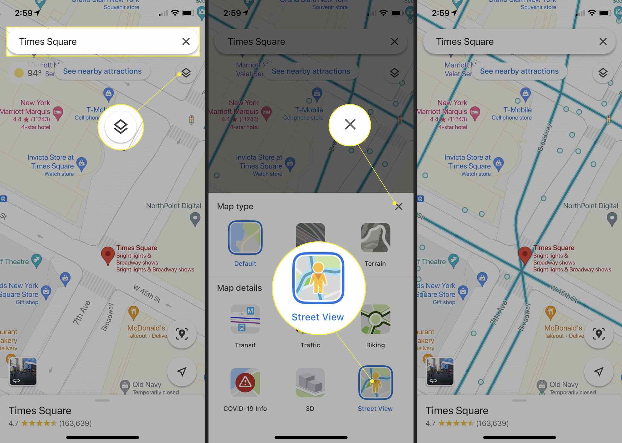 Google Maps met Times Square in het zoekveld, met het pictogram Lagen, Street View en X gemarkeerd