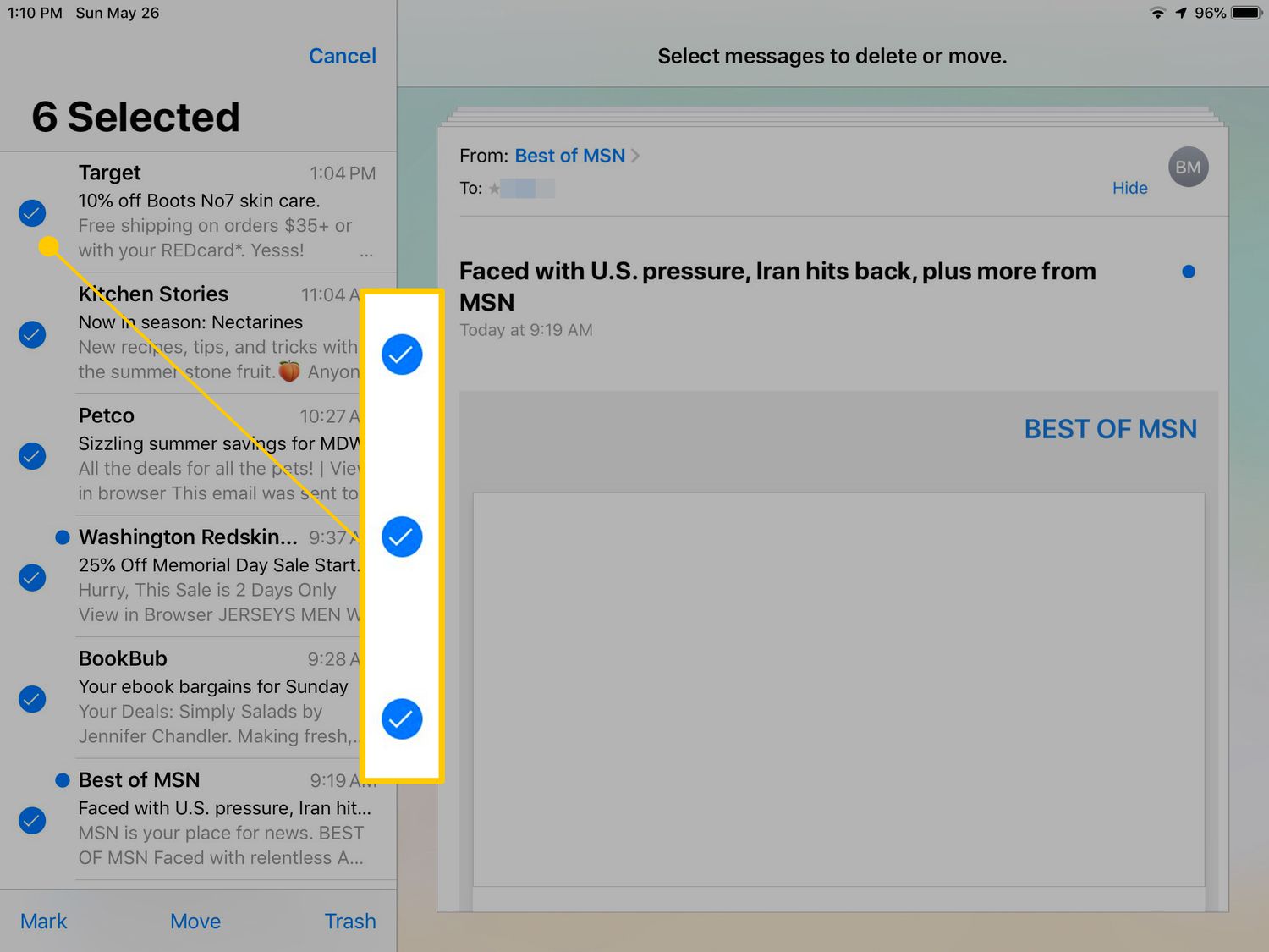 Selectievakjes in iOS Mail op iPad