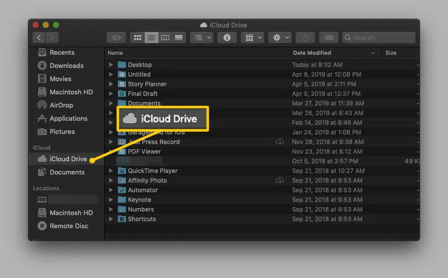 iCloud Drive-map in macOS Finder-zijbalk