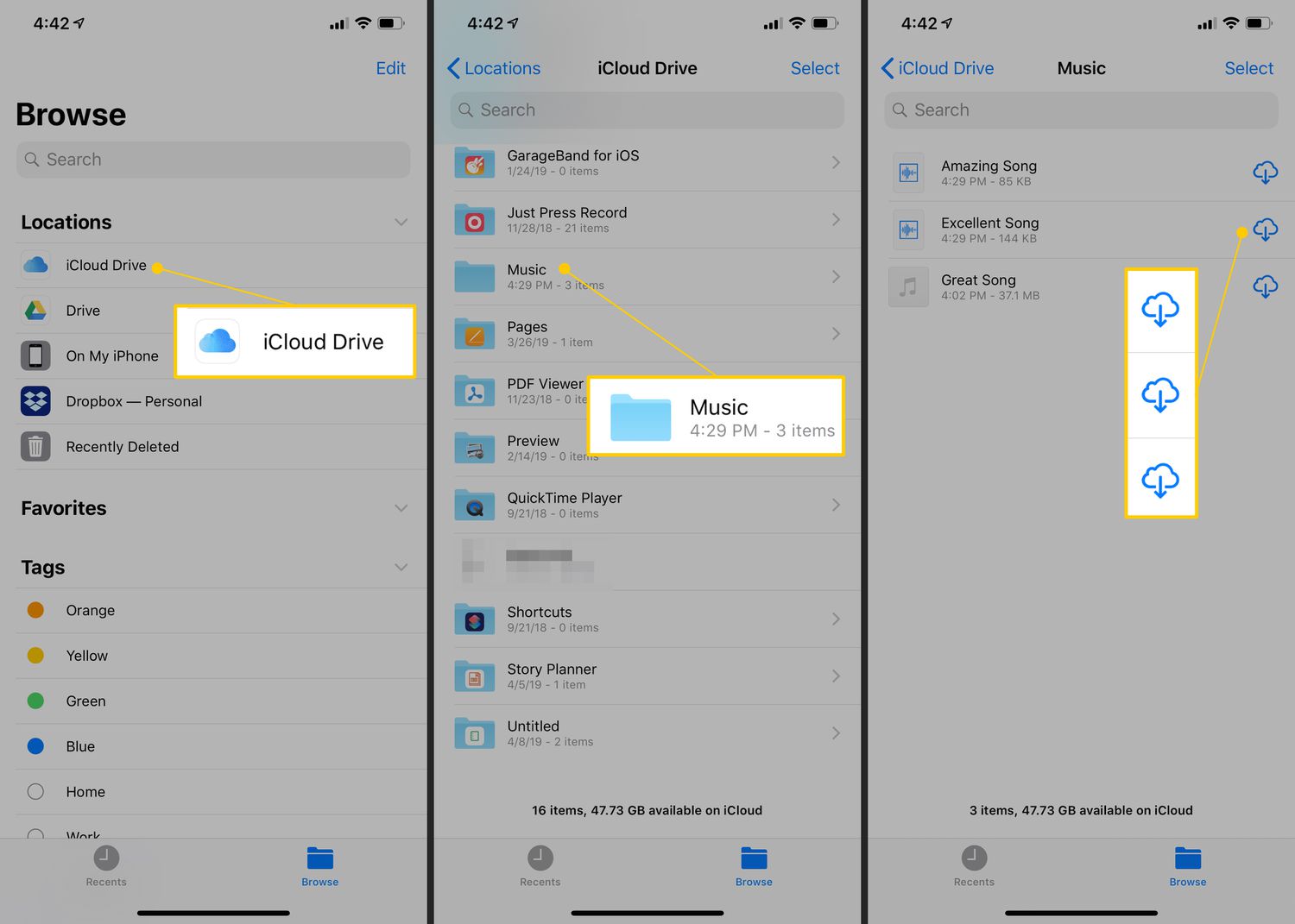 iCloud Drive, muziekmap, downloadpictogrammen op iOS