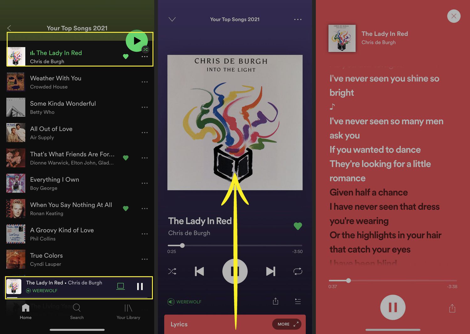 Spotify Lyrics op iOS met nummer gemarkeerd en omhoog vegen aangegeven