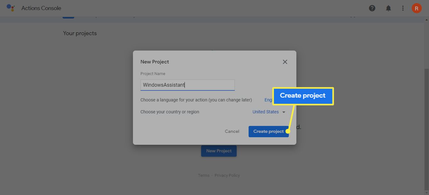  Project maken in Google Actions Console