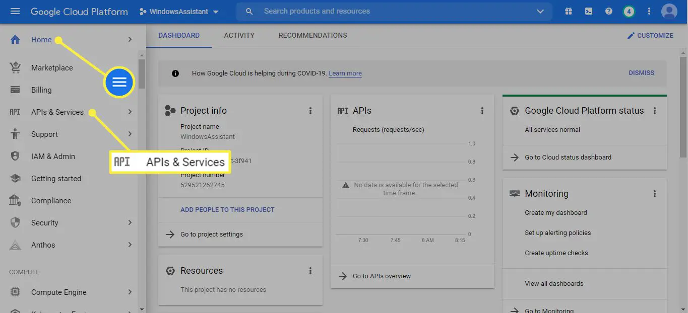 Menupictogram en API's en services in Google Cloud Platform