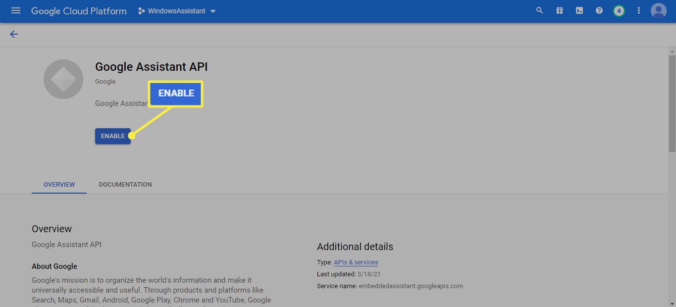Schakel de Google Assistent-API in Google Cloud Platform in