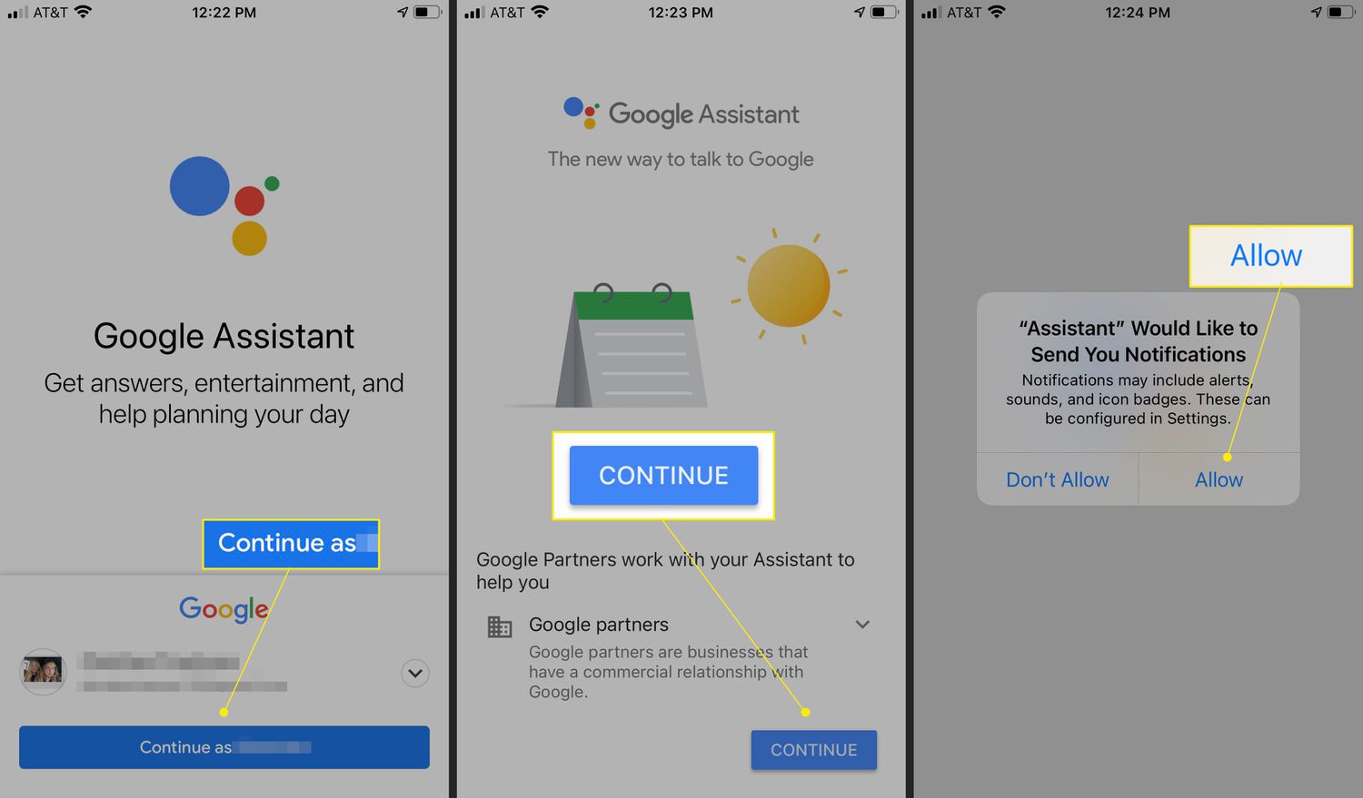 Google-assistent-app met doorgaan als, doorgaan en toestaan ​​gemarkeerd