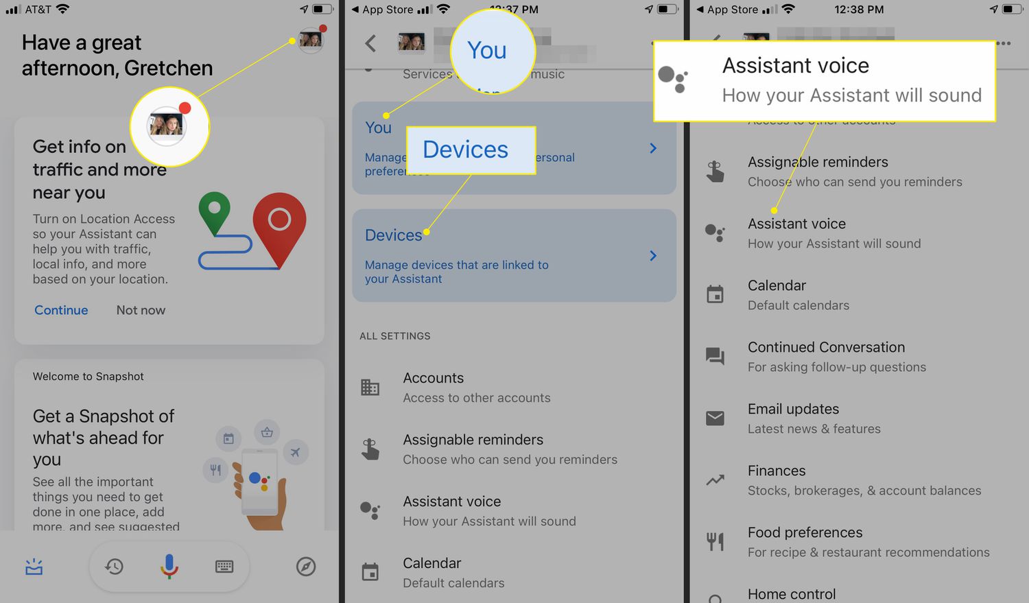 Google Assistent-app met profielfoto en aanvullende instellingen gemarkeerd