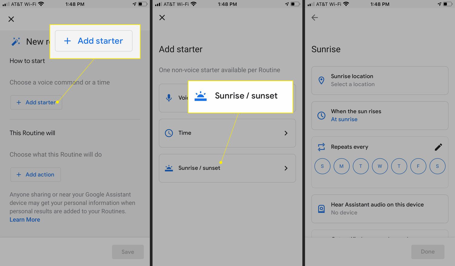 Routine voor het maken van een assistent-app met Starter toevoegen en Zonsopgang/Zonsondergang gemarkeerd