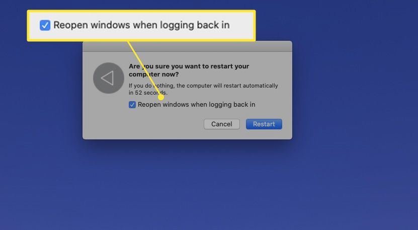 Dialoogvenster voor opnieuw opstarten van MacBook met "Heropen vensters bij opnieuw inloggen" gemarkeerd