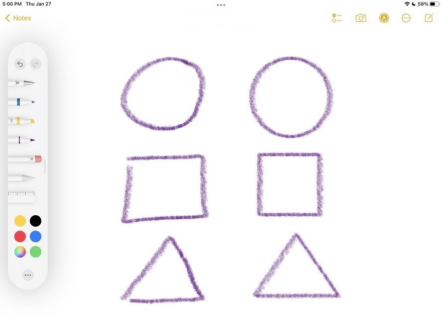 Cirkels, vierkanten en driehoeken getekend in de Notes-app.