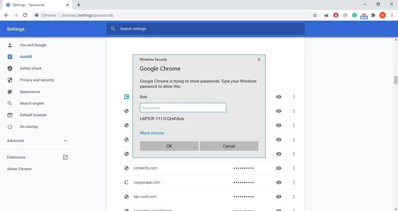 Windows Security-inlogscherm in Google Chrome