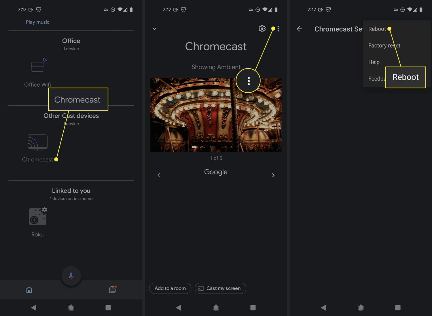 Chromecast, menu met drie stippen en opnieuw opstarten in de Google Home-app