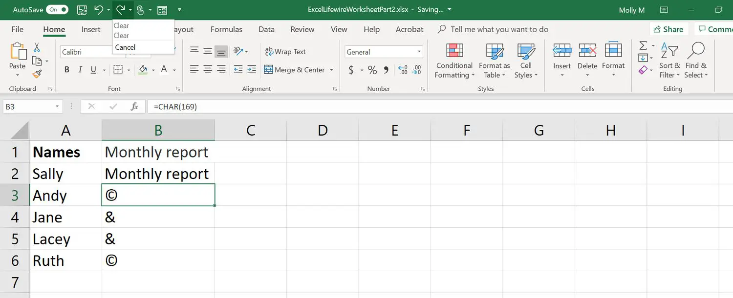 Een screenshot van de knop Opnieuw uitvoeren in Excel met een vervolgkeuzemenu met alle acties die opnieuw kunnen worden uitgevoerd.