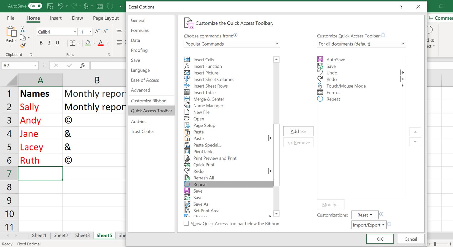 Een screenshot van het dialoogvenster Opties van Excel voor het aanpassen van de werkbalk Snelle toegang.