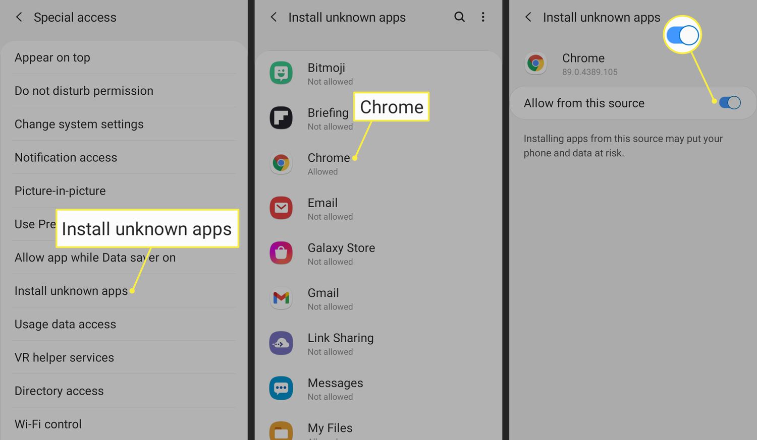 Installeer onbekende apps, Chrome en Toestaan ​​​​van deze bron schakelen in Android-instellingen