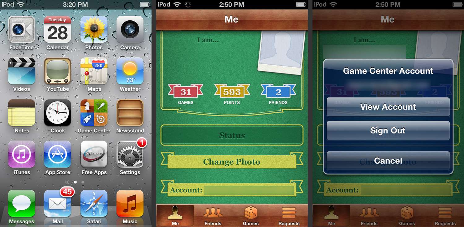 iPad-startscherm, een game en het Game Center-accountvenster