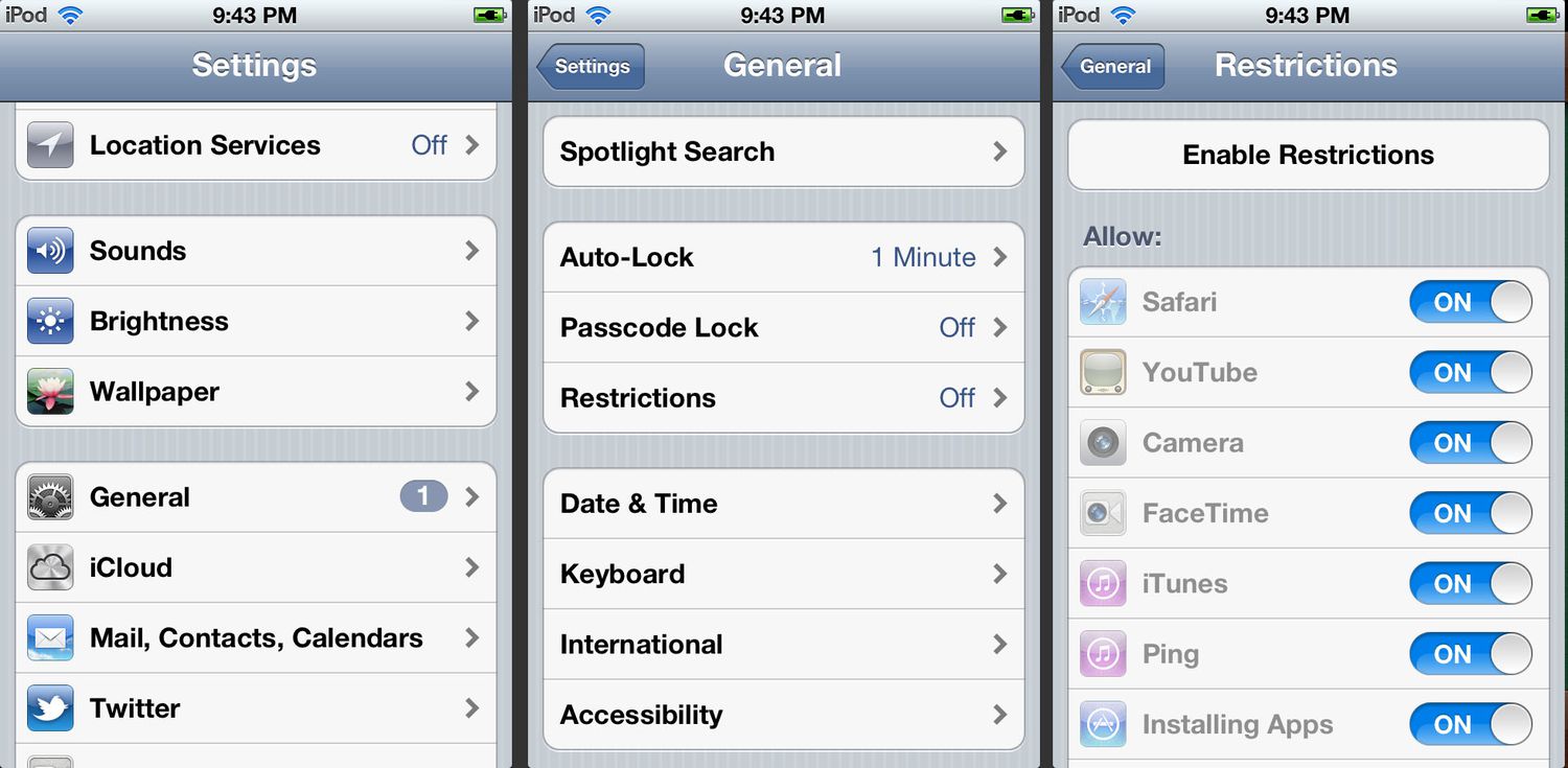 De iOS-schermen Instellingen, Algemene instellingen en Beperkingen