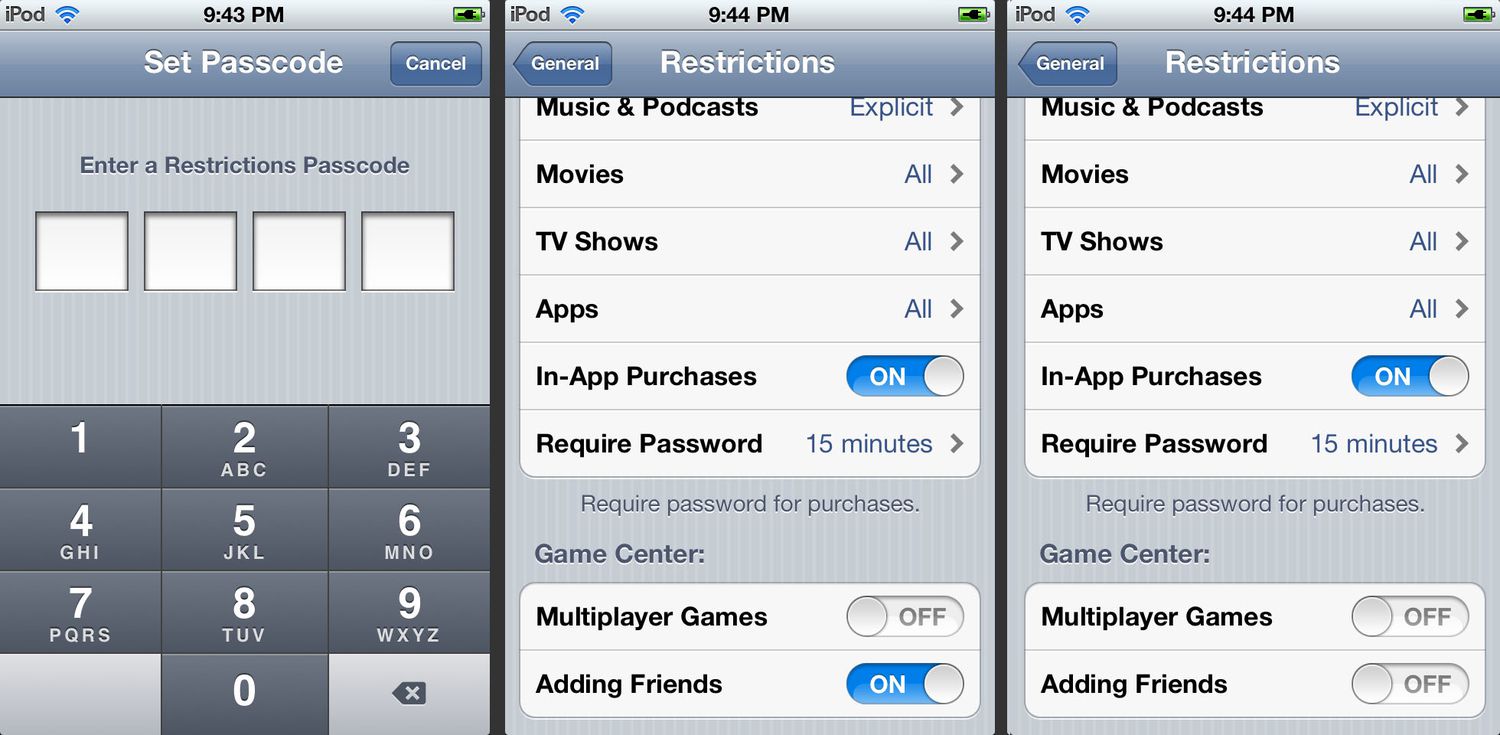 De iOS-schermen Toegangscode en Beperkingen instellen