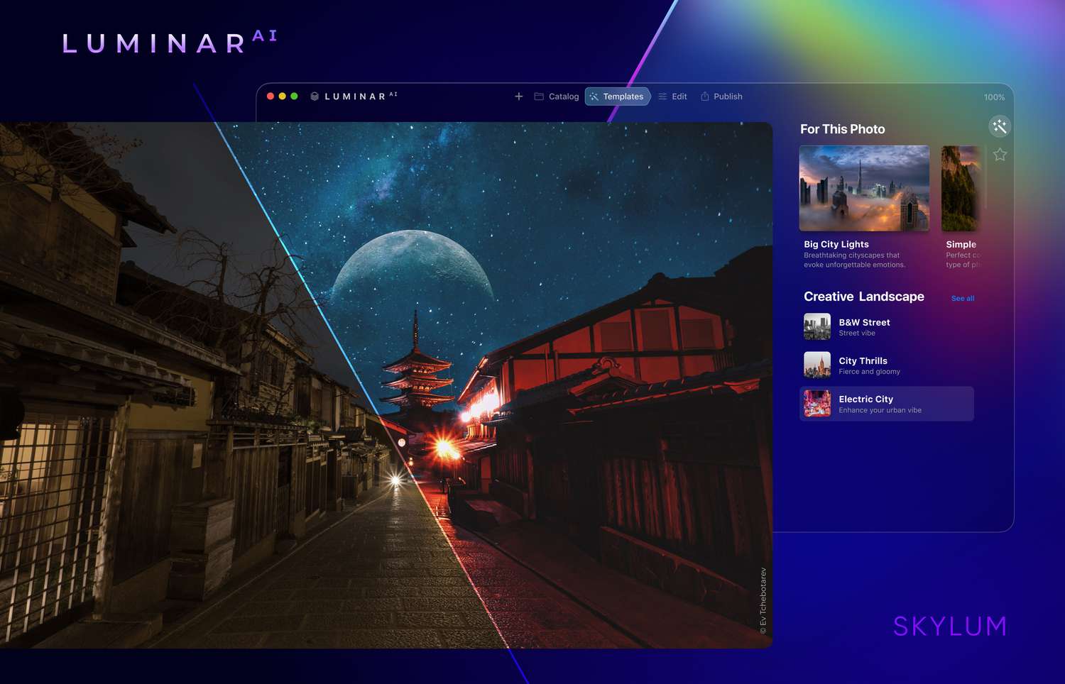 De Luminar-software van SKylum toont een foto van een stad in twee verschillende filters