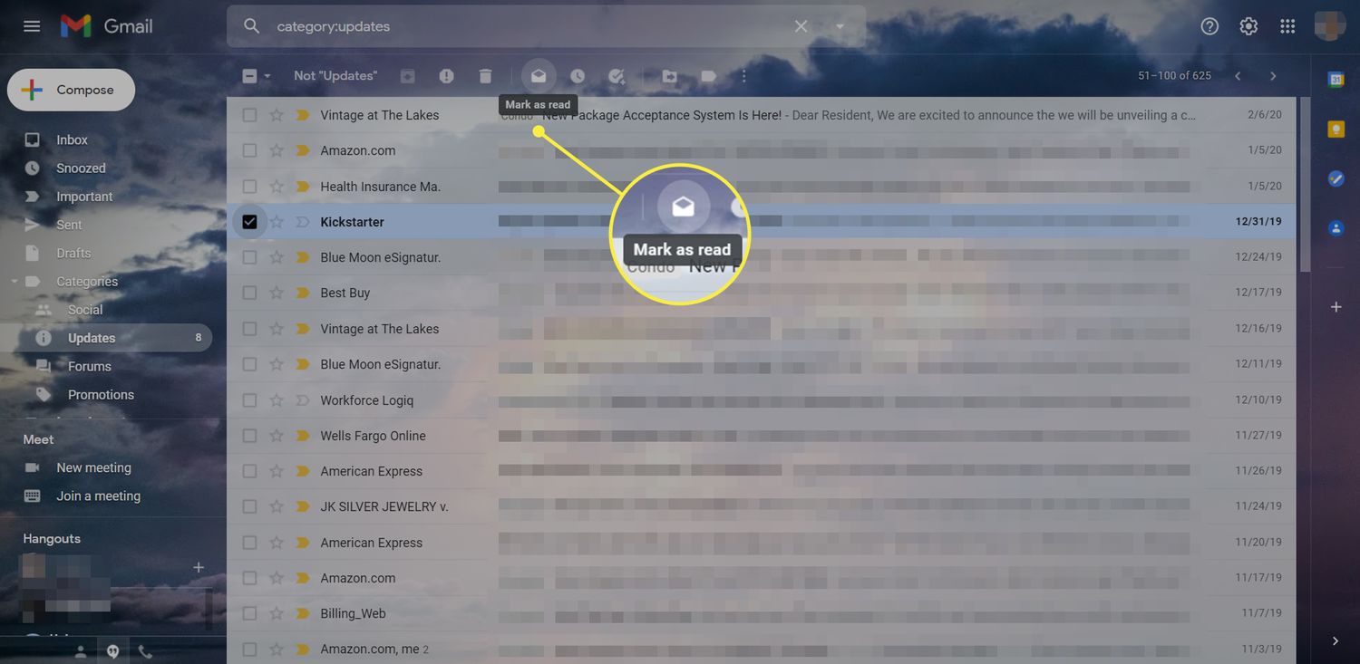 Een Gmail-inbox met het pictogram 'Markeren als gelezen' gemarkeerd