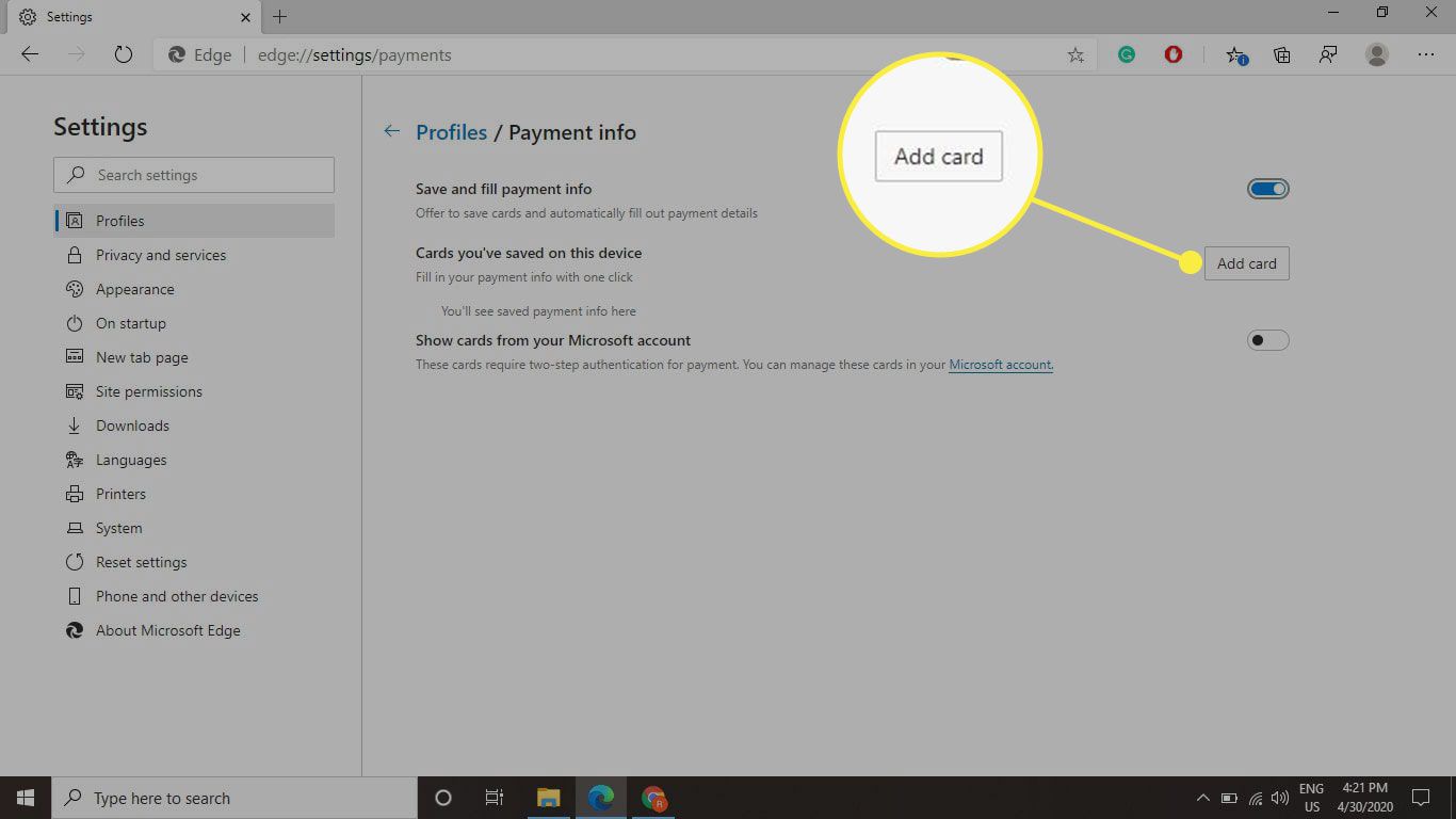 Het scherm Betalingsinfo in Edge met de knop Kaart toevoegen gemarkeerd