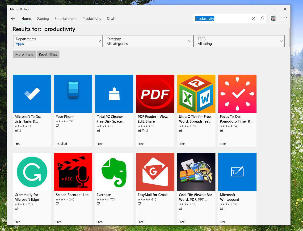 Screenshot van zoeken naar productiviteit in Microsoft Store