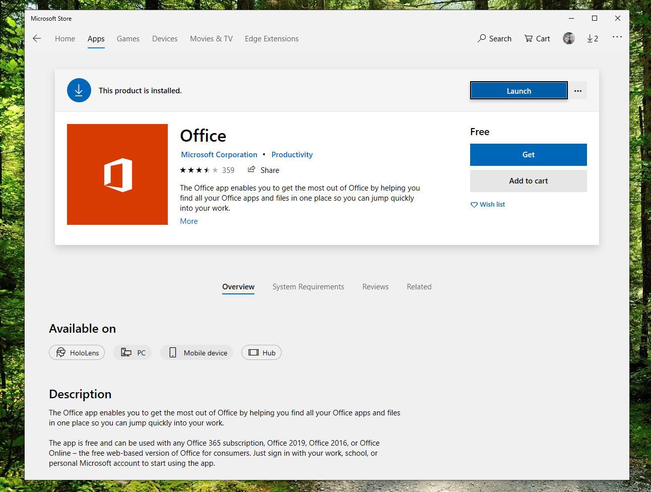 Screenshot van de Get-knop in de Office-app in de Microsoft Store