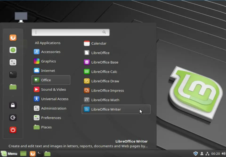 Het hoofdmenu van de Linux Mint Desktop