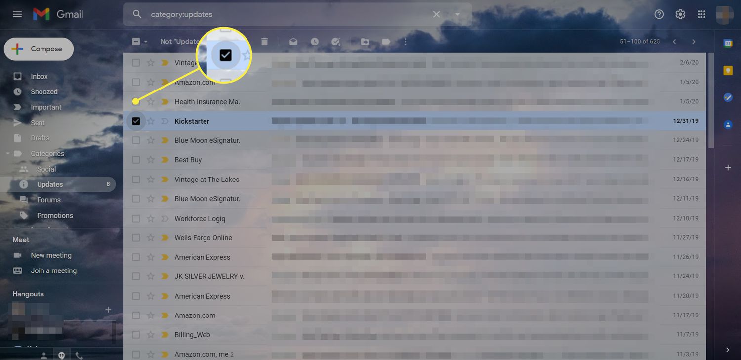 Een Gmail-inbox met één geselecteerde e-mail