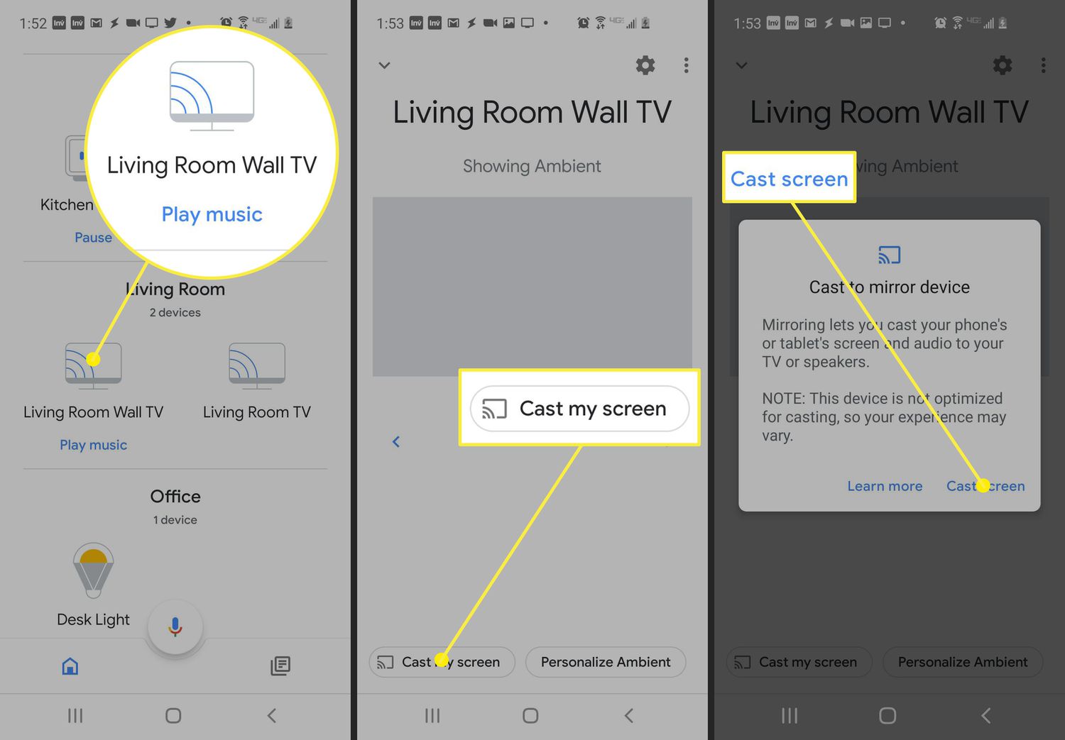 Screenshot van de stappen die moeten worden genomen om een ​​scherm te casten via de Google Home-app.