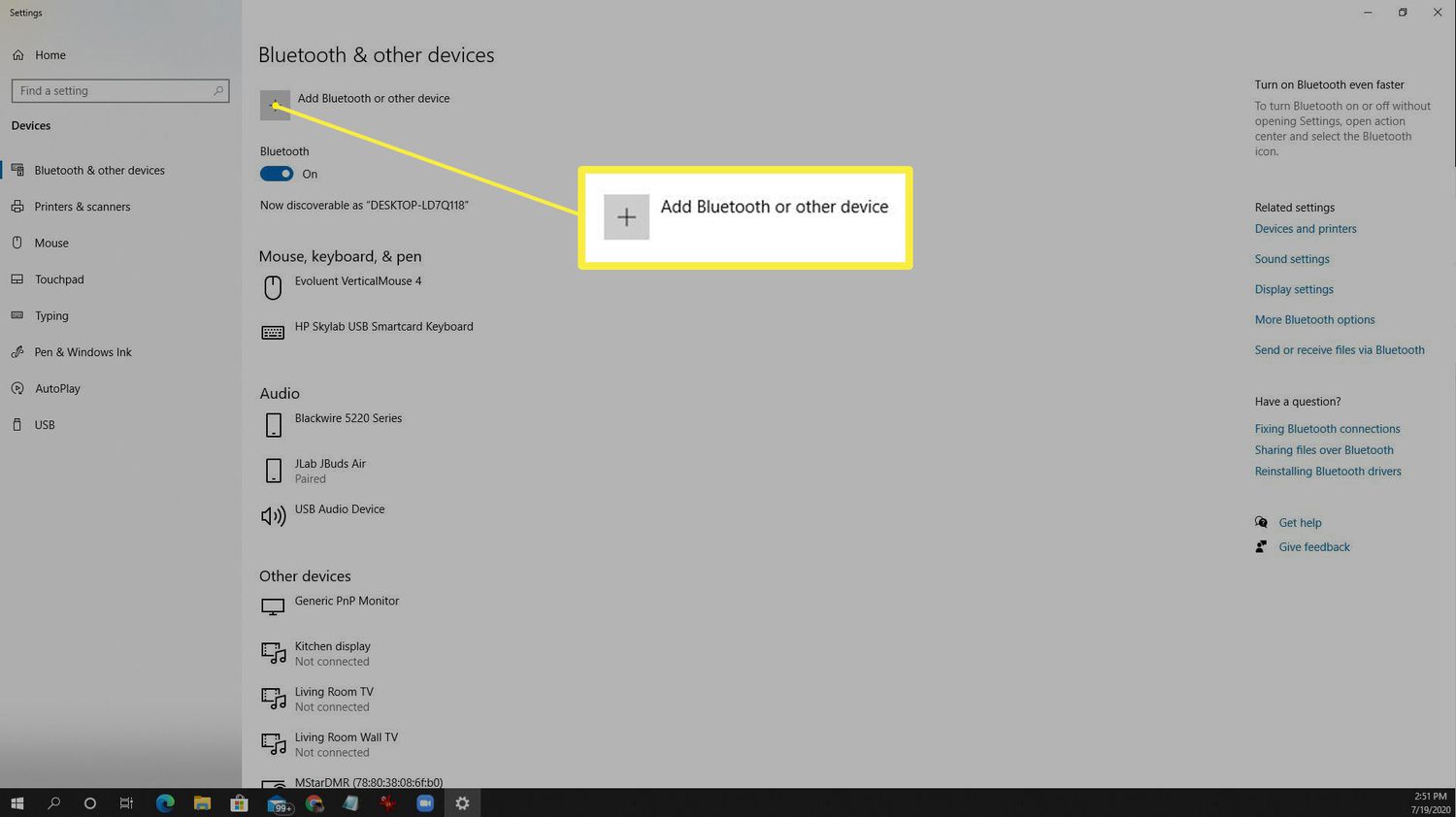 Screenshot van Bluetooth-instellingen op Windows 10.