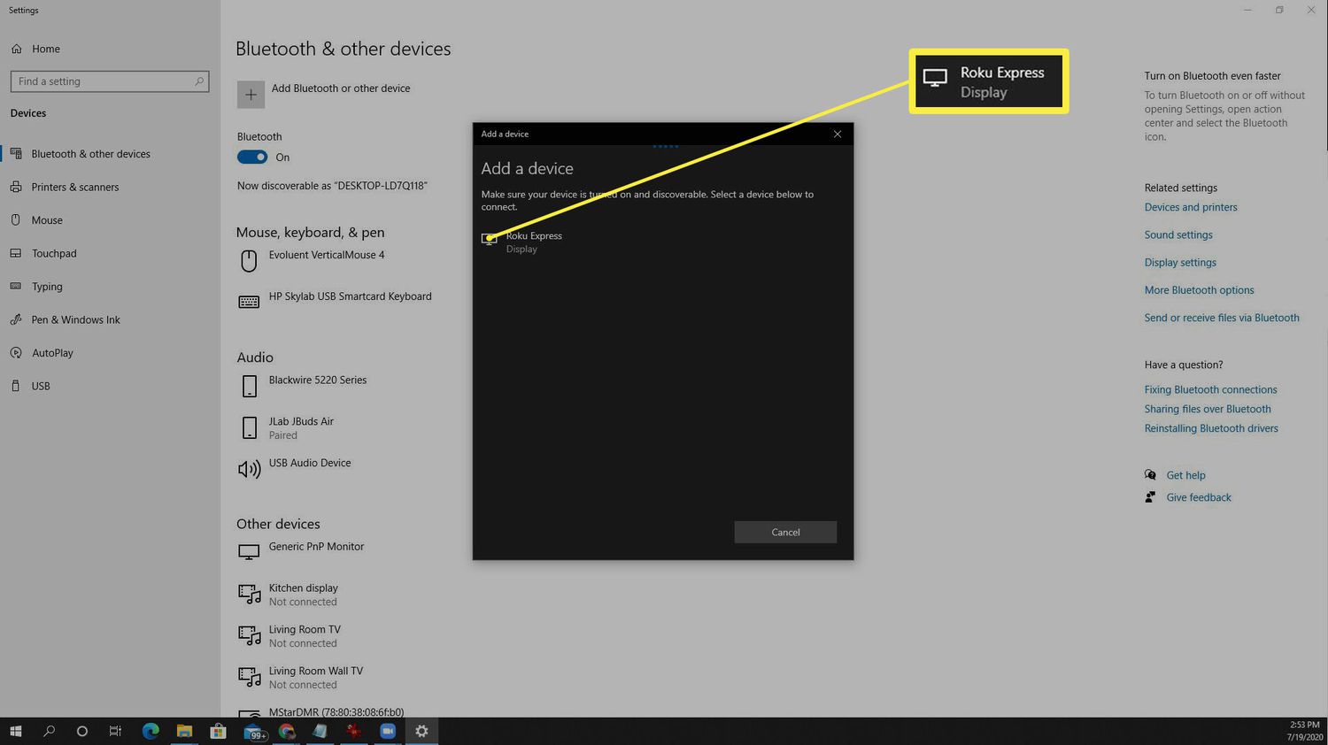 Screenshot van Roku-apparaat gedetecteerd vanuit Windows 10.