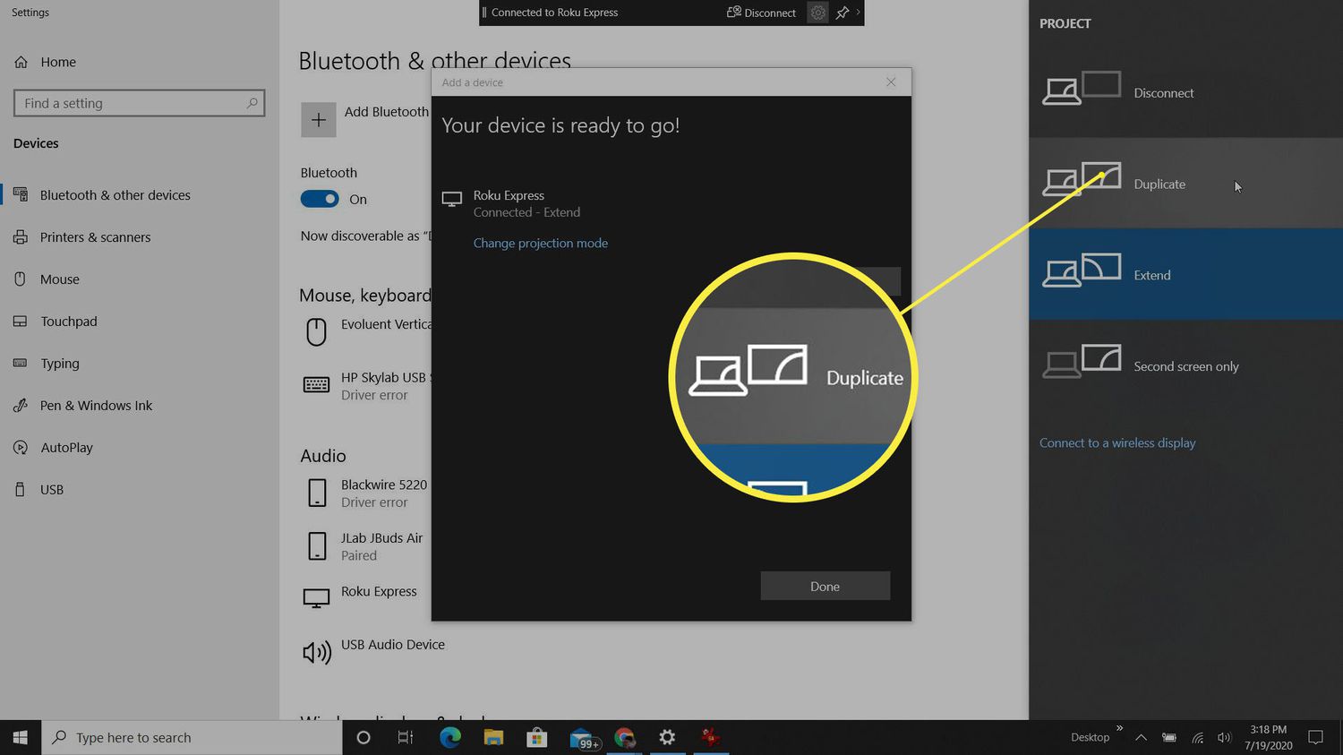 Screenshot van wijzigingsprojectmodus voor Roku op Windows 10.
