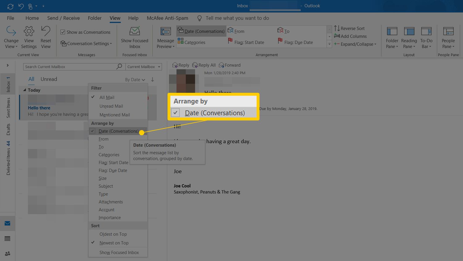 Selectievakje Rangschikken op datum in het menu Filter voor Outlook