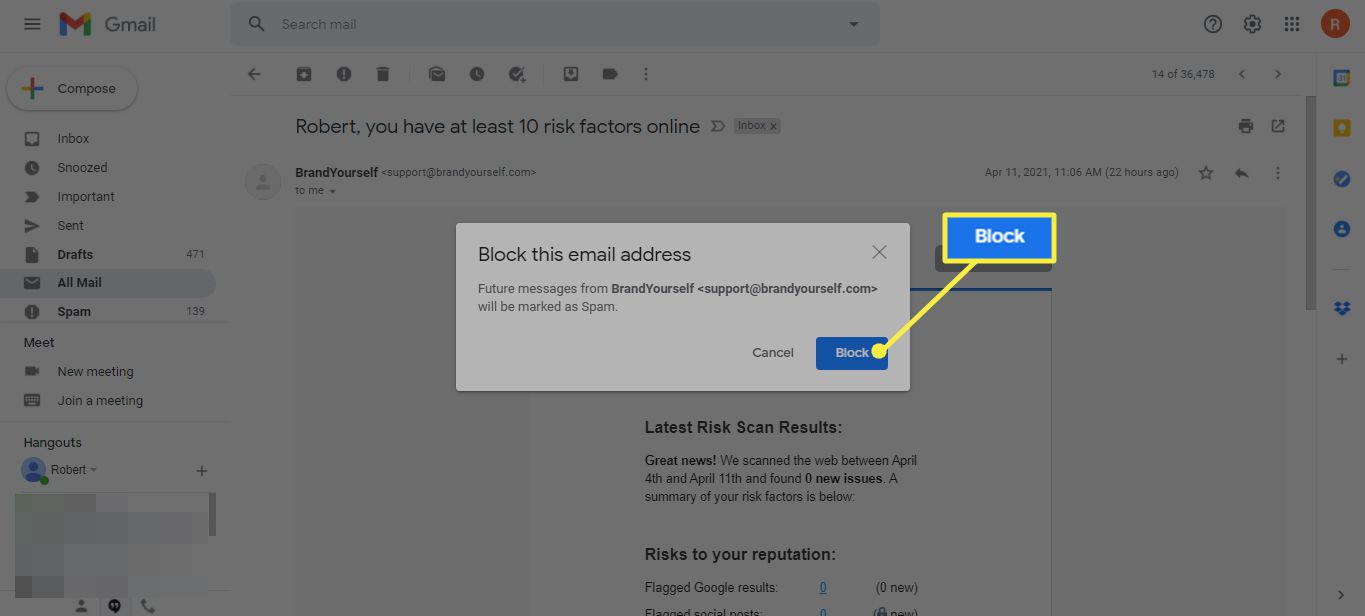 Blokkeer dit bevestigingsvenster voor e-mailadressen door de knop Blokkeren te markeren