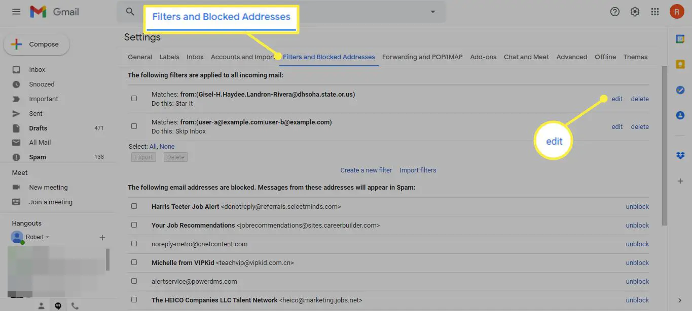 Tabblad Filters en geblokkeerde adressen en Bewerken in Gmail-instellingen