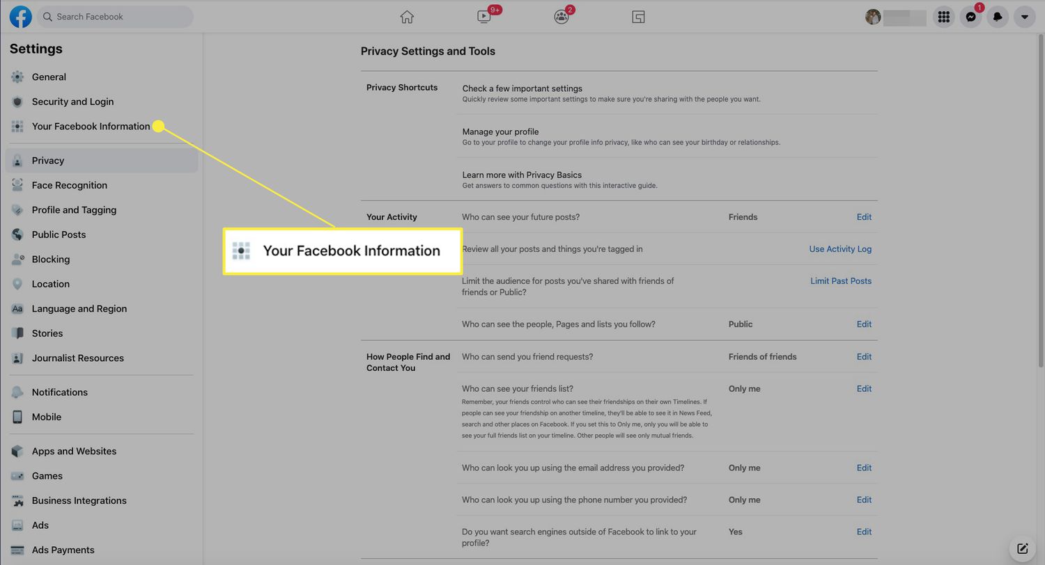 Uw Facebook-gegevens geselecteerd in de Privacy-zijbalk