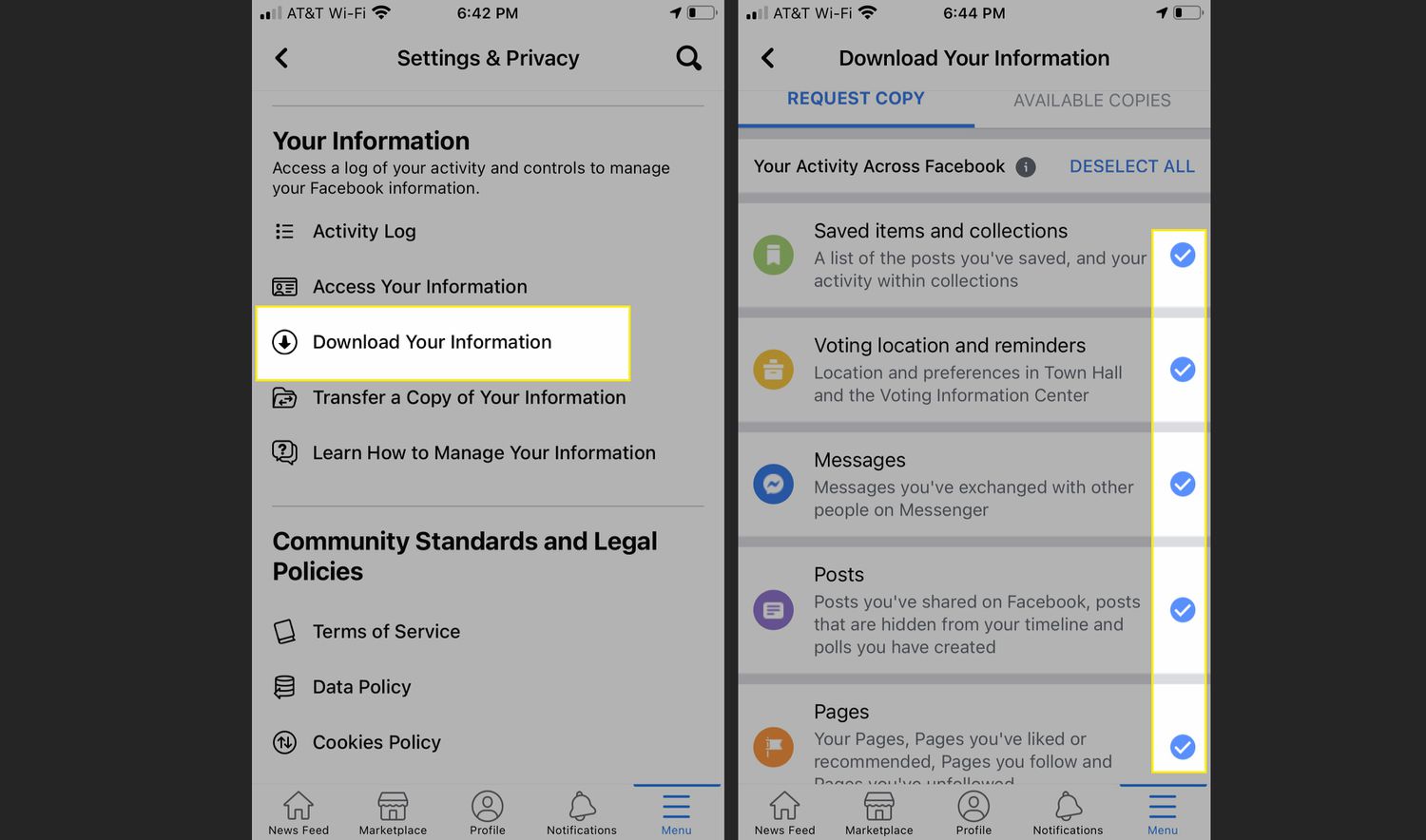 Facebook-app met Uw informatie downloaden en categorieën gemarkeerd 