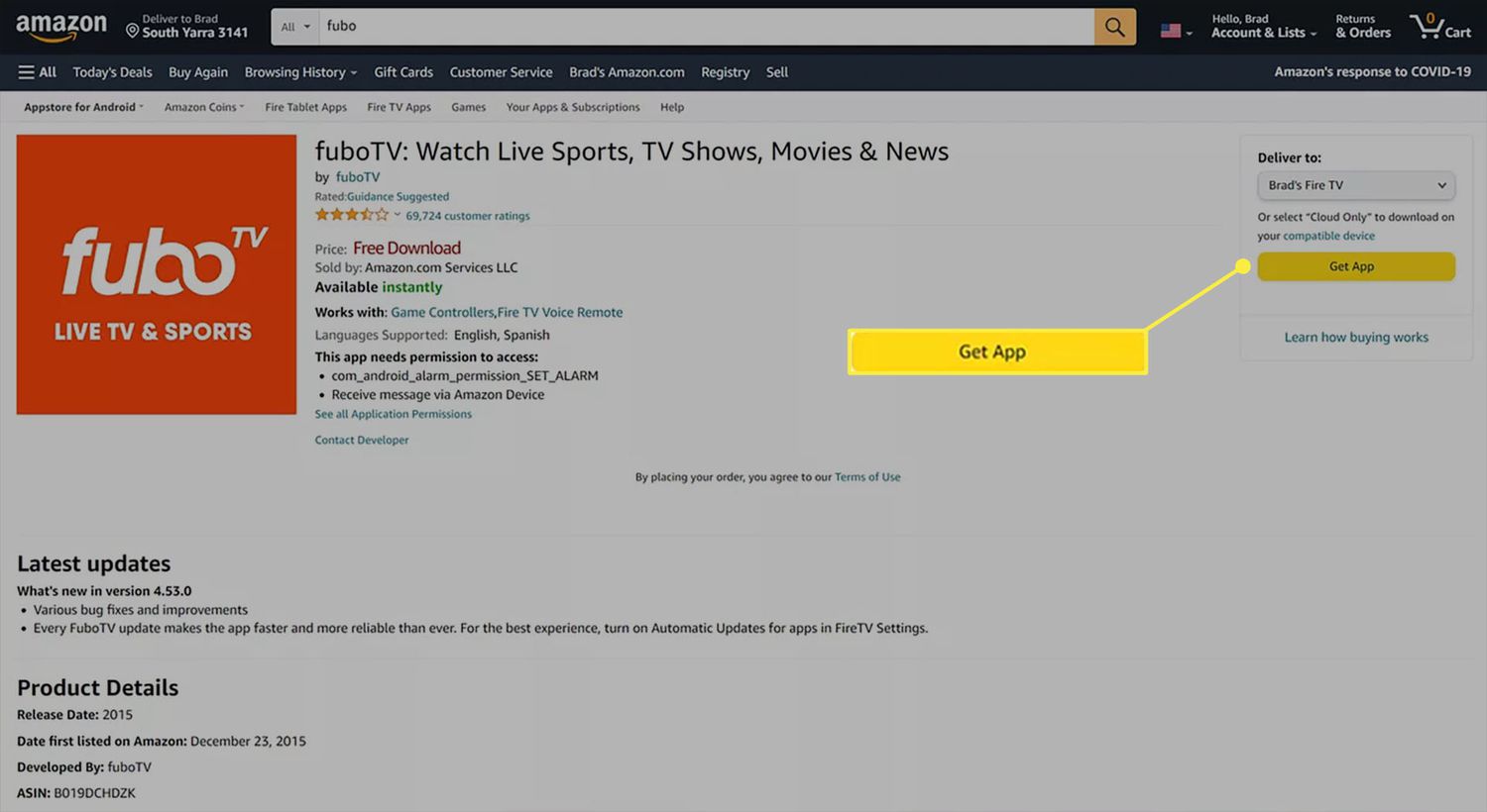 De fuboTV-app-pagina op de Amazon-website met de Get App-knop gemarkeerd.