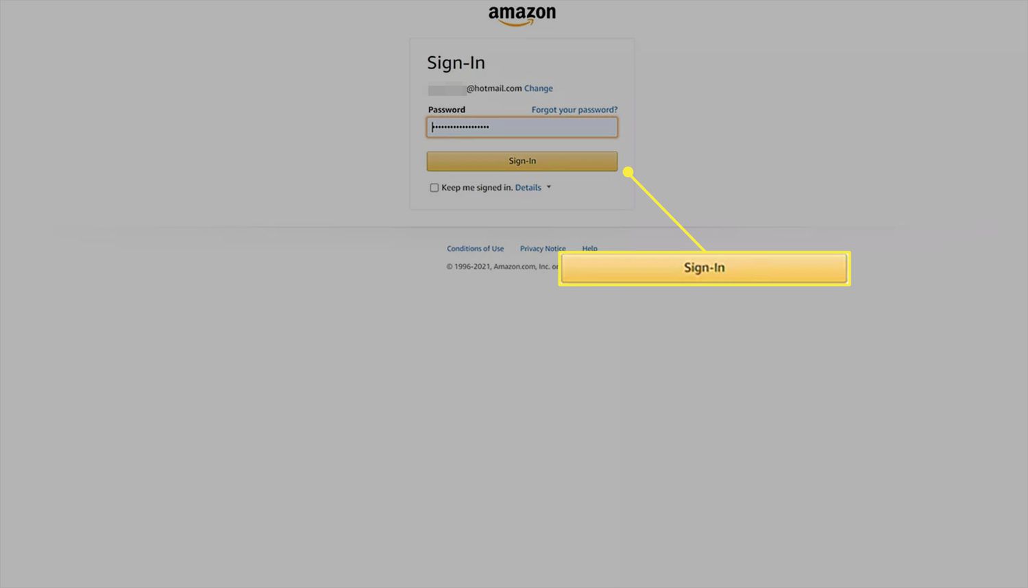 Aanmeldingspagina voor Amazon-website met ingevoerd wachtwoord.
